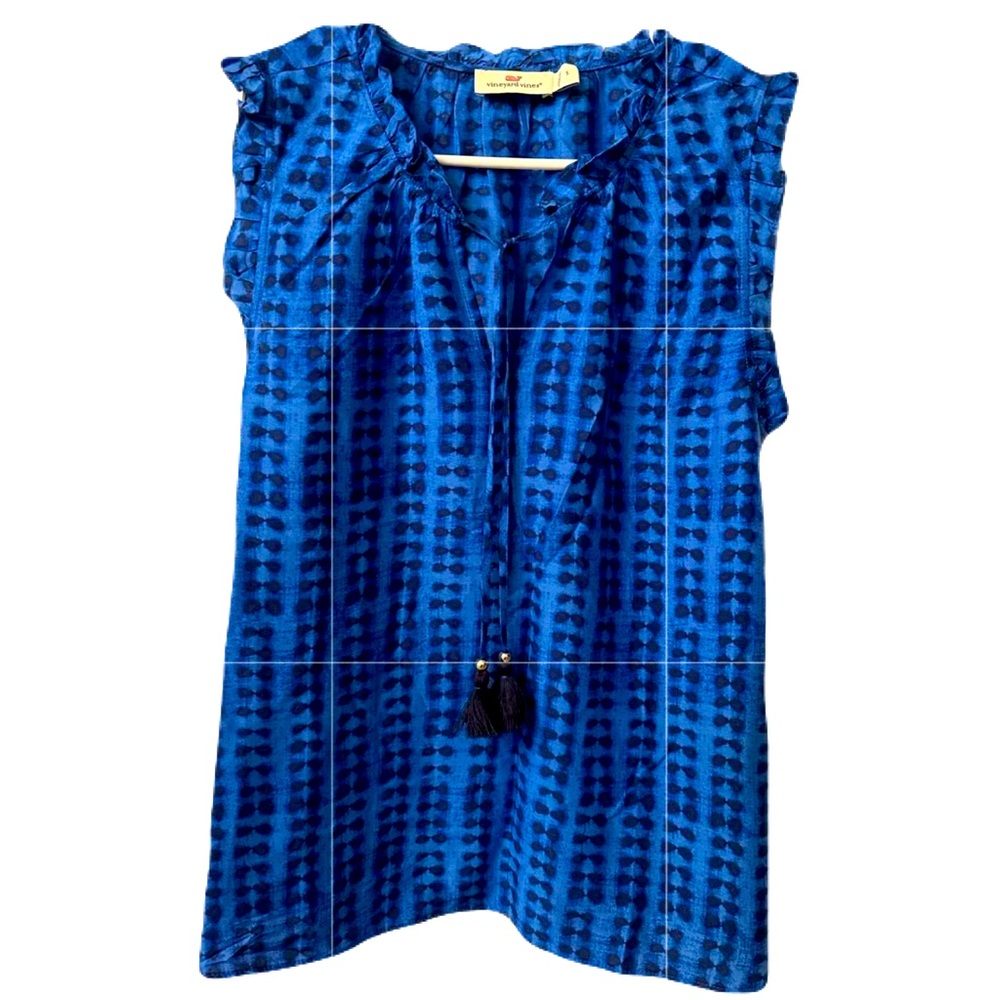 Vineyard Vines Womens Size Small Shibori Ruffle Popover Top Blue Silk Blend EUC